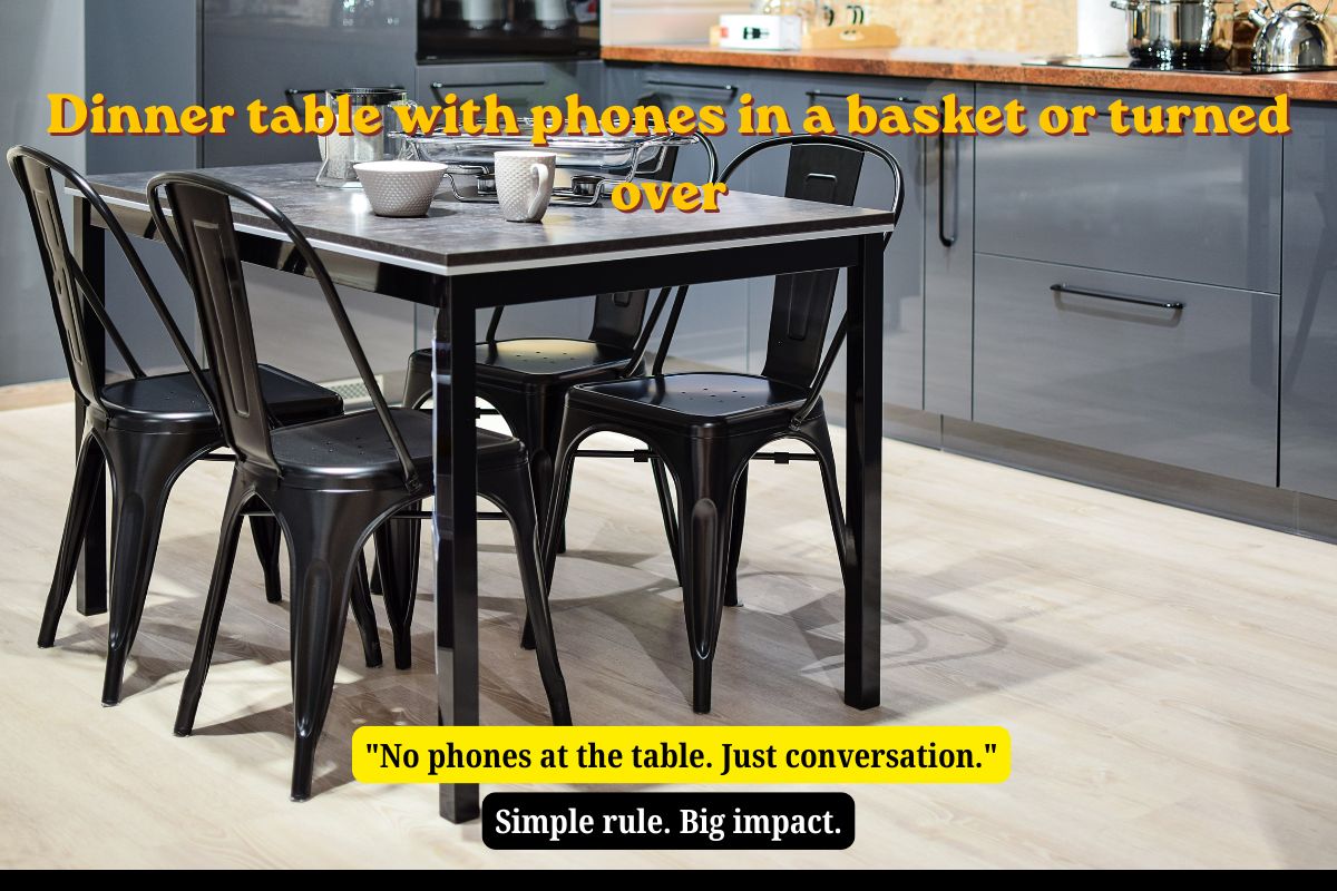 Family dinner with phones in a basket